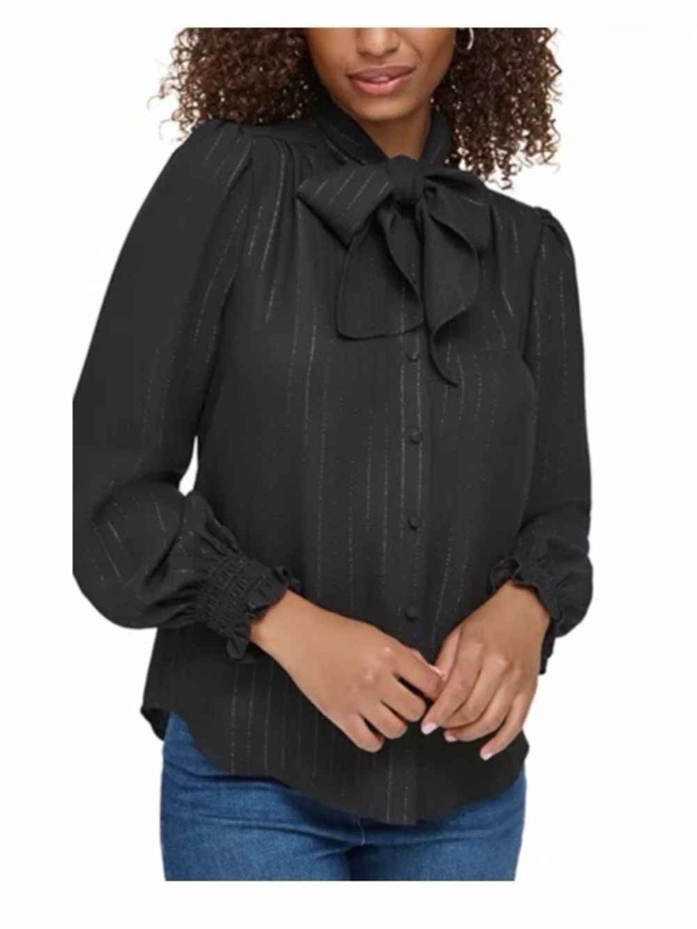 Karl Lagerfeld Paris Metallic Pin‎ Stripe Tie Neck Blouse